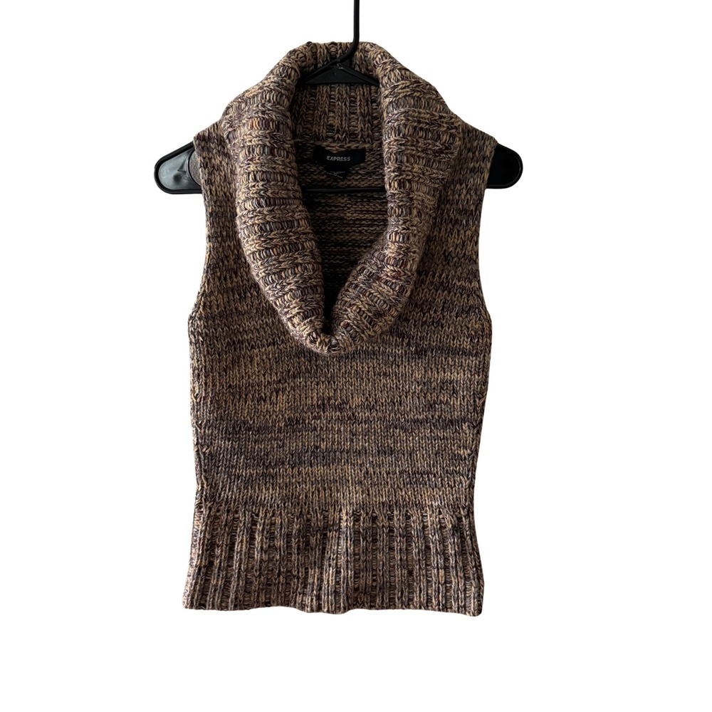 Express Womens Cowl Neck Sleeveless Sweater Marled Knit Wool Blend Vest Brown M